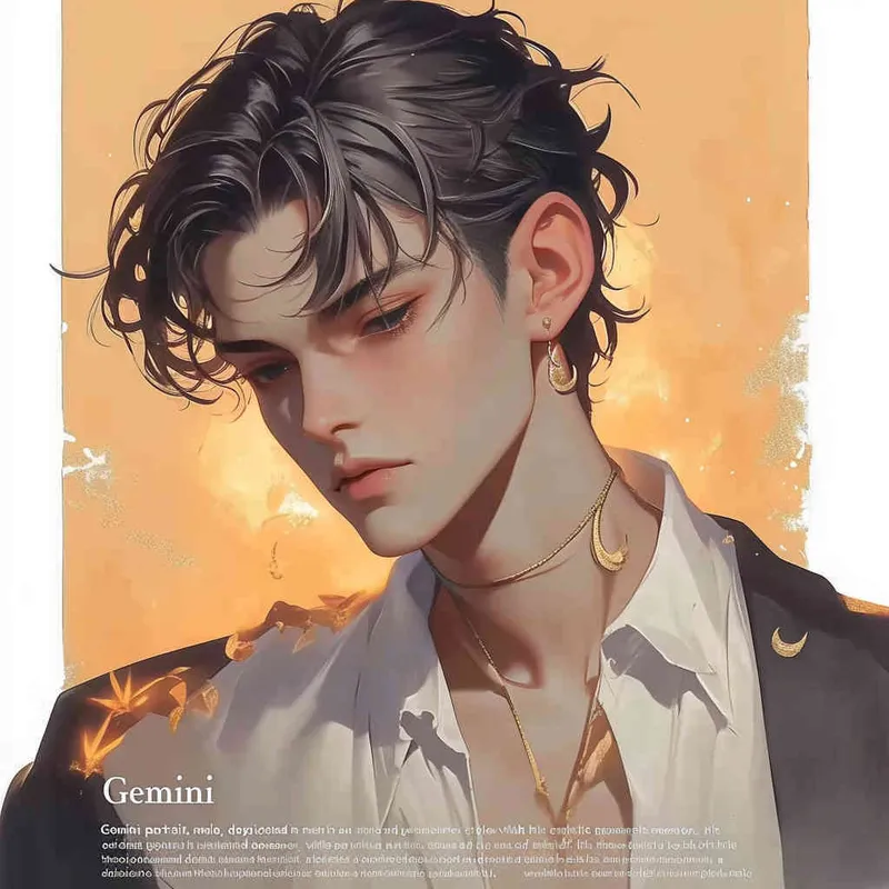 Gemini portrait, male, illustration style, warm, comfortable, lazy, gentle artistic style,polished scoundrels , three-dimensional facial features, modern style, male，warm orange background - style3部分