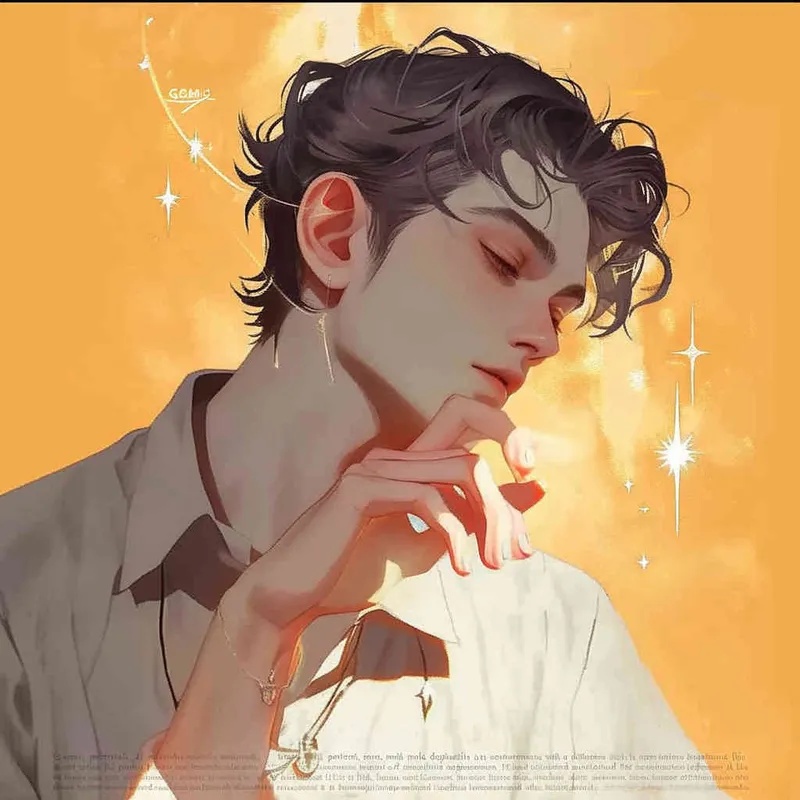 Gemini portrait, male, illustration style, warm, comfortable, lazy, gentle artistic style,polished scoundrels , three-dimensional facial features, modern style, male，warm orange background - style4部分