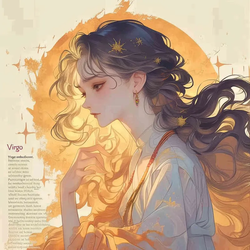 Virgo avatar, female, illustration style, warm, comfortable, lazy, gentle artistic style, fluffy hair, lazy movements, modern style, female, warm orange background - style2部分