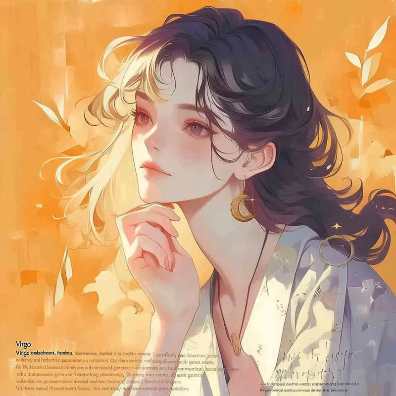 Virgo avatar, female, illustration style, warm, comfortable, lazy, gentle artistic style, fluffy hair, lazy movements, modern style, female, warm orange background - style3部分