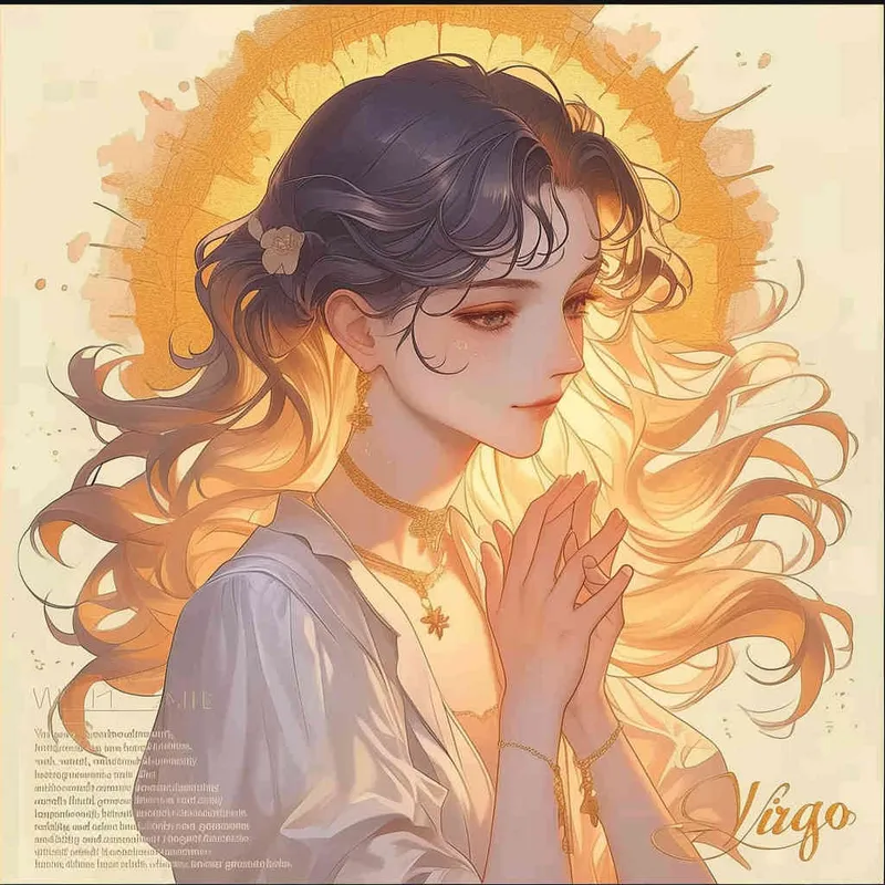 Virgo avatar, female, illustration style, warm, comfortable, lazy, gentle artistic style, fluffy hair, lazy movements, modern style, female, warm orange background - style4部分