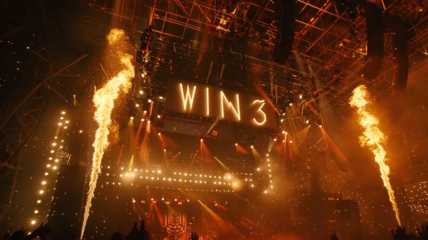 超级炫酷的演唱会现场,用灯光和激光及架子组成巨大的logo“WIN3",现场有火焰,烟雾,摇滚乐队的演出,电影级的灯光画面 - AI绘画作品展示 | Midjourney中文版生成