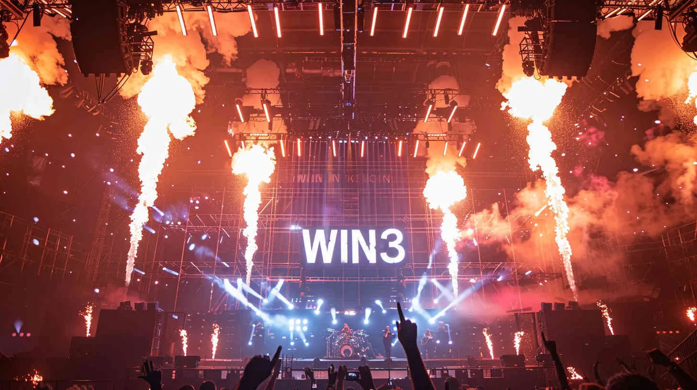 超级炫酷的演唱会现场,用灯光和激光及架子组成巨大的logo“WIN3",现场有火焰,烟雾,摇滚乐队的演出,电影级的灯光画面 - AI绘画作品展示 | Midjourney中文版生成