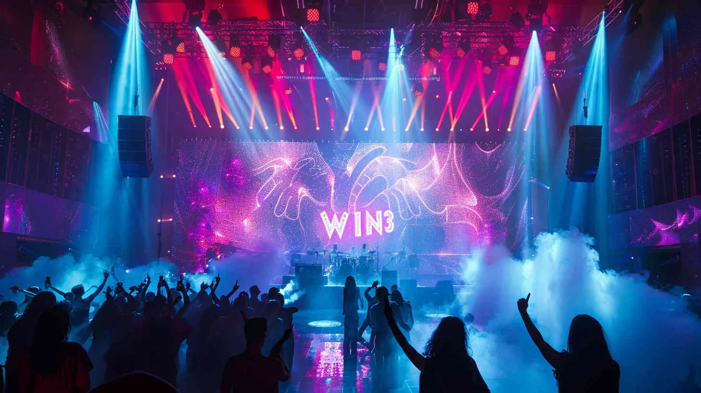 巨大炫酷的演唱会现场，巨大的logo立体装置logo“WIN3