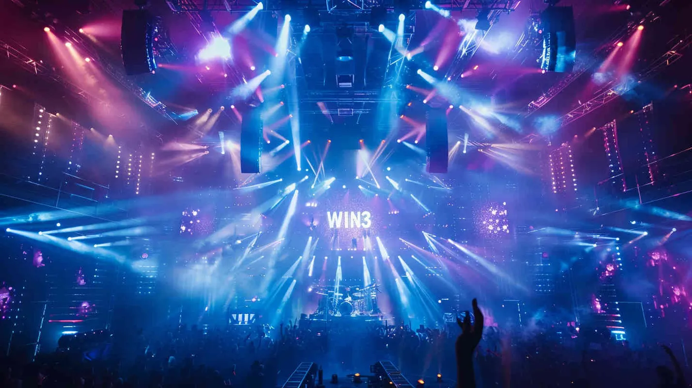 巨大炫酷的演唱会现场，巨大的logo立体装置logo“WIN3