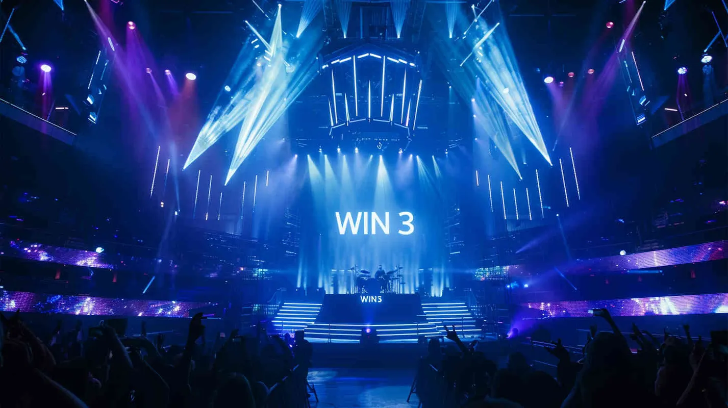 巨大炫酷的演唱会现场，巨大的logo立体装置logo“WIN3