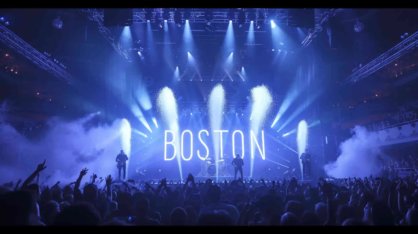 巨大炫酷的演唱会现场，巨大的logo立体装置logo“BOSTON”非常酷，绚丽的演出灯光，烟雾，摇滚乐队的演出，电影级的灯光画面  – AI绘画作品展示 | Midjourney中文版生成