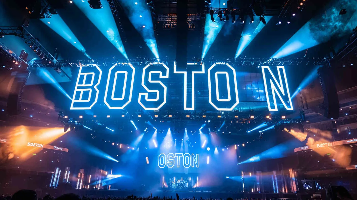 巨大炫酷的演唱会现场，巨大的logo立体装置logo“BOSTON