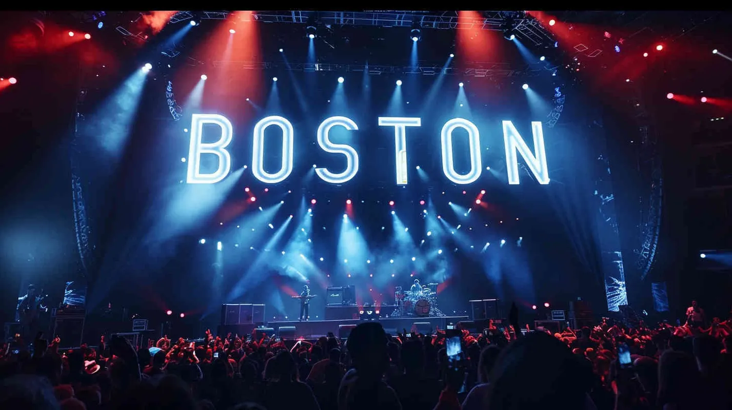 巨大炫酷的演唱会现场，巨大的logo立体装置logo“BOSTON
