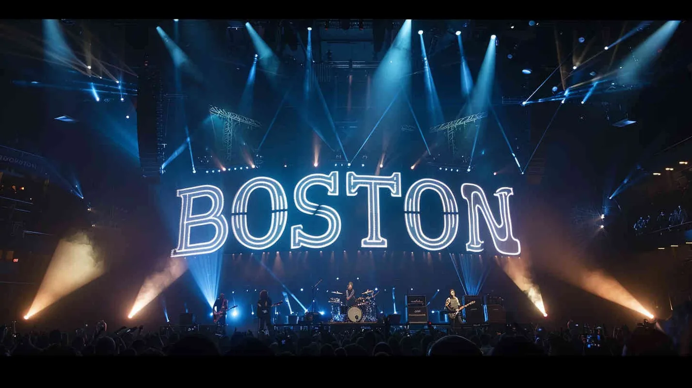巨大炫酷的演唱会现场，巨大的logo立体装置logo“BOSTON