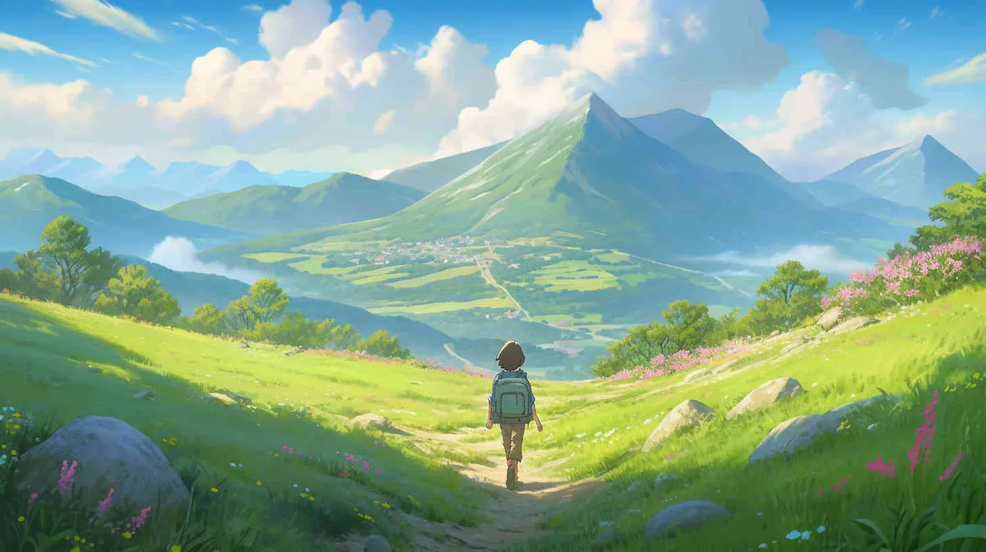 An 8-year-old boy carrying a backpack, walking forward with a smile on his face, on a spring afternoon, the sun is shining brightly, with a blue sky and nearby green meadows, a small amount of green plants and flowers. In the distance, there is a green mountain,cartoon style, Q-version character,–v5.2,–niji 5,–q2.5,–s750  – AI绘画作品展示 | Midjourney中文版生成