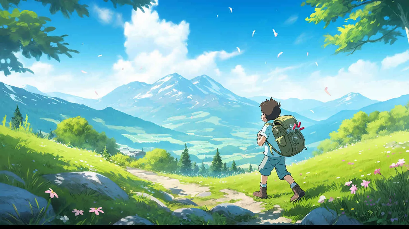 An 8-year-old boy carrying a backpack, walking forward with a smile on his face, on a spring afternoon, the sun is shining brightly, with a blue sky and nearby green meadows, a small amount of green plants and flowers. In the distance, there is a green mountain,cartoon style, Q-version character,--v5.2,--niji 5,--q2.5,--s750  - style2部分