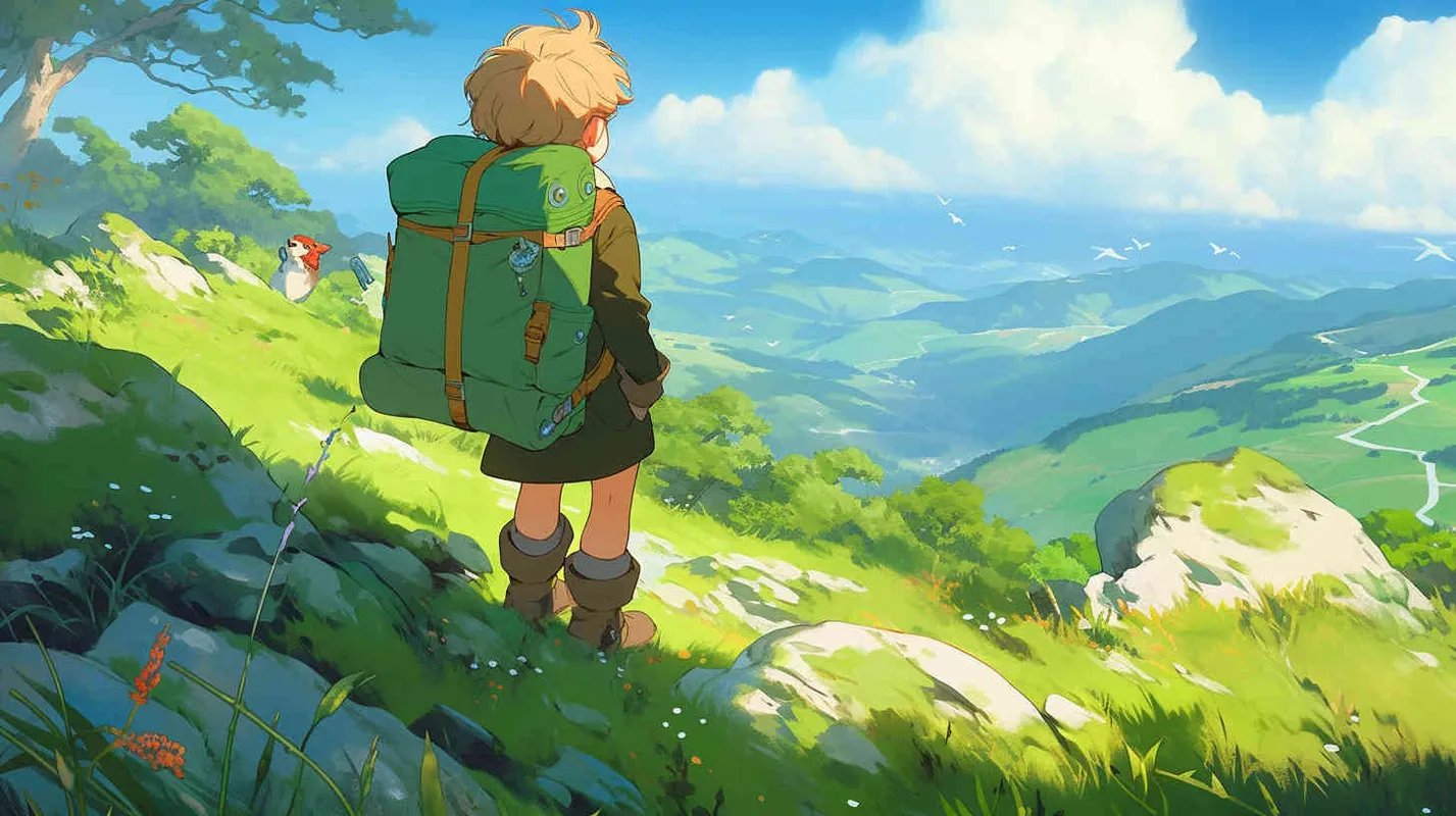 An 8-year-old boy carrying a backpack, walking forward with a smile on his face, on a spring afternoon, the sun is shining brightly, with a blue sky and nearby green meadows, a small amount of green plants and flowers. In the distance, there is a green mountain,cartoon style, Q-version character,--v5.2,--niji 5,--q2.5,--s750  - style3部分