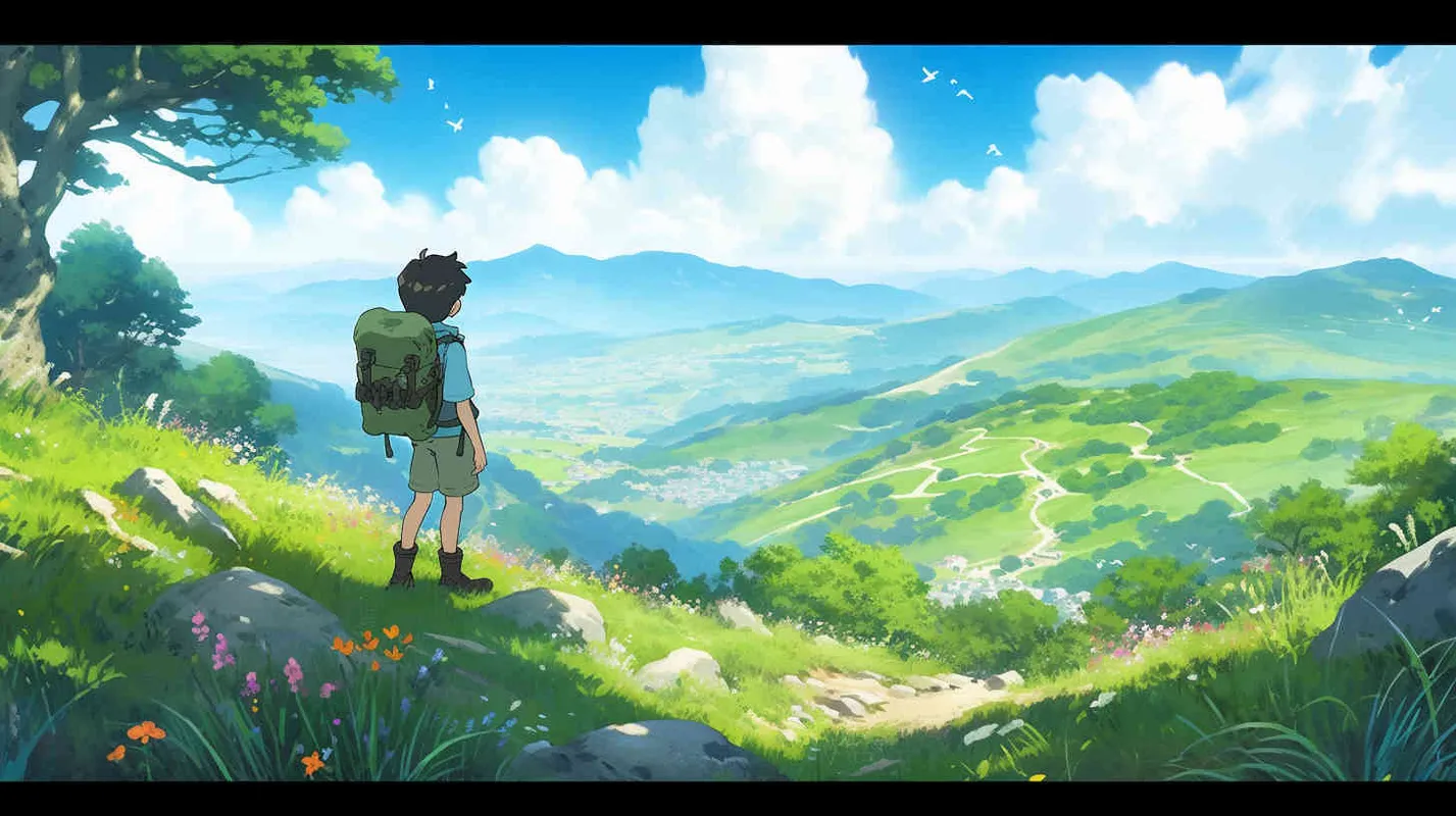An 8-year-old boy carrying a backpack, walking forward with a smile on his face, on a spring afternoon, the sun is shining brightly, with a blue sky and nearby green meadows, a small amount of green plants and flowers. In the distance, there is a green mountain,cartoon style, Q-version character,--v5.2,--niji 5,--q2.5,--s750  - style4部分