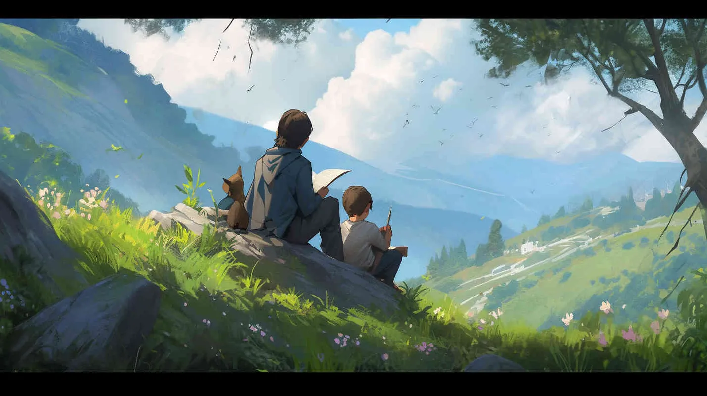 An 8-year-old boy sat on the grass happily reading a book, with a backpack and a stack of books beside him, on a spring afternoon, the sun is shining brightly, with a blue sky and nearby green meadows, a small amount of green plants and flowers. In the distance, there is a green mountain,--v5.2,--niji 5,--q2.5,--s750  - style1部分