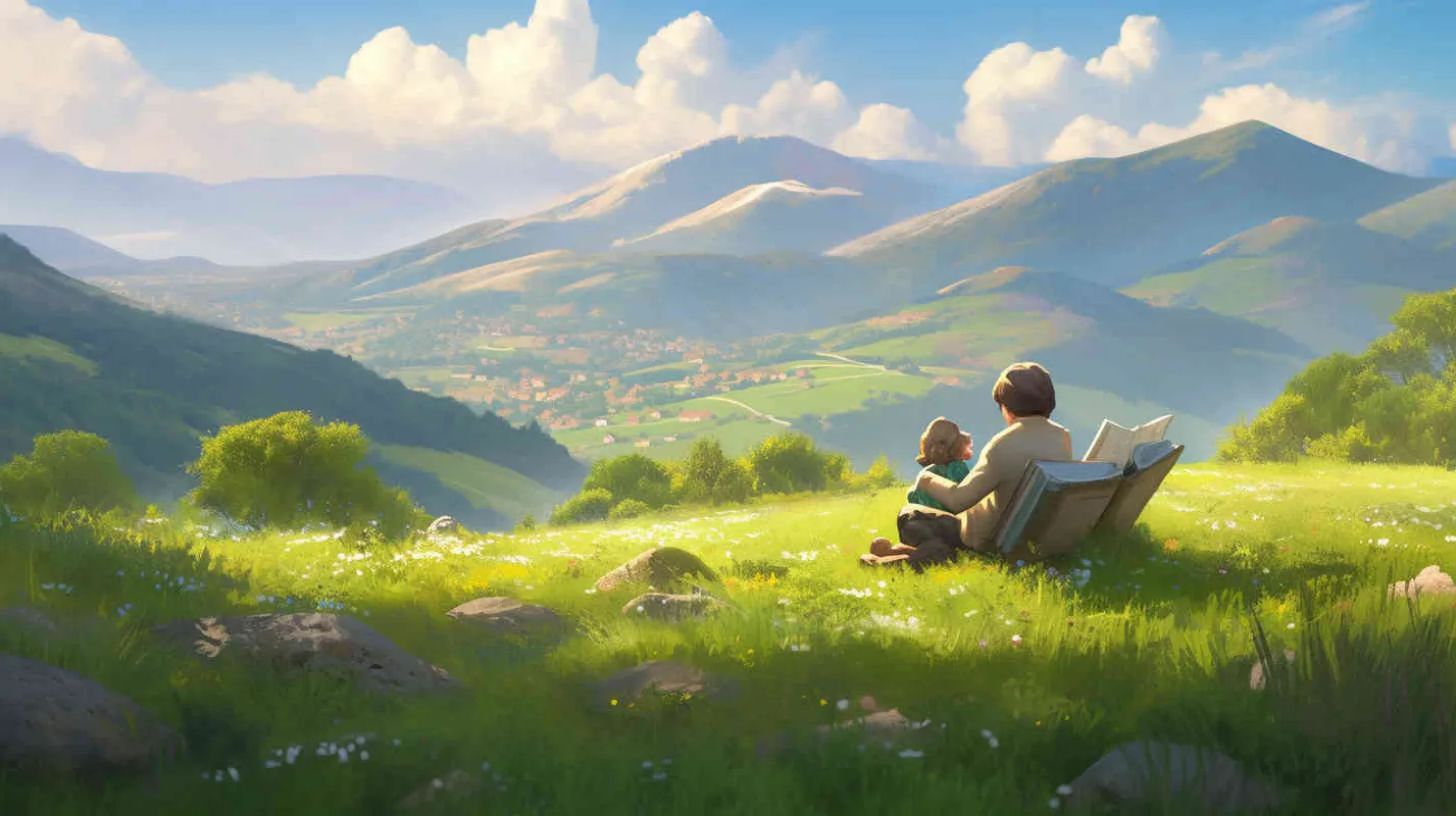 An 8-year-old boy sat on the grass happily reading a book, with a backpack and a stack of books beside him, on a spring afternoon, the sun is shining brightly, with a blue sky and nearby green meadows, a small amount of green plants and flowers. In the distance, there is a green mountain,--v5.2,--niji 5,--q2.5,--s750  - style2部分