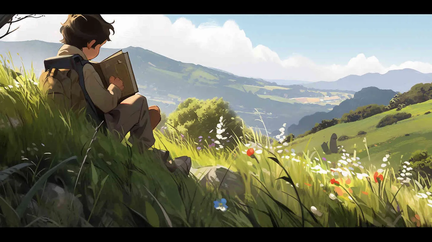An 8-year-old boy sat on the grass happily reading a book, with a backpack and a stack of books beside him, on a spring afternoon, the sun is shining brightly, with a blue sky and nearby green meadows, a small amount of green plants and flowers. In the distance, there is a green mountain,--v5.2,--niji 5,--q2.5,--s750  - style3部分