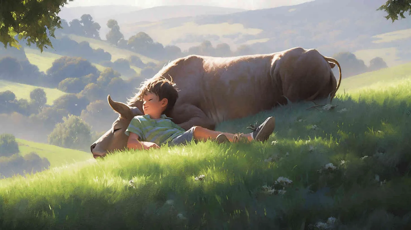 On a fresh green meadow, numerous verdant plants have sprouted nearby. An 8-year-old boy sat on the grass happily reading a book on the grass, engrossed in their reading. The artwork showcases a whimsical illustration style, a wide angle view bathed in natural light, rendered in a 16:9 aspect ratio with a charmingly cute aesthetic. Natural light. - style1部分