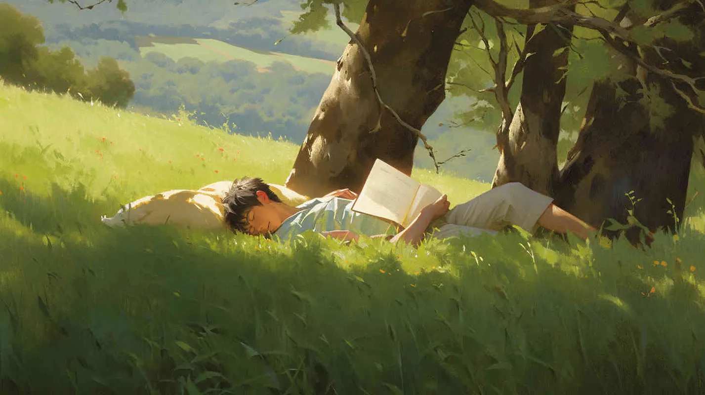 On a fresh green meadow, numerous verdant plants have sprouted nearby. An 8-year-old boy sat on the grass happily reading a book on the grass, engrossed in their reading. The artwork showcases a whimsical illustration style, a wide angle view bathed in natural light, rendered in a 16:9 aspect ratio with a charmingly cute aesthetic. Natural light. - style2部分