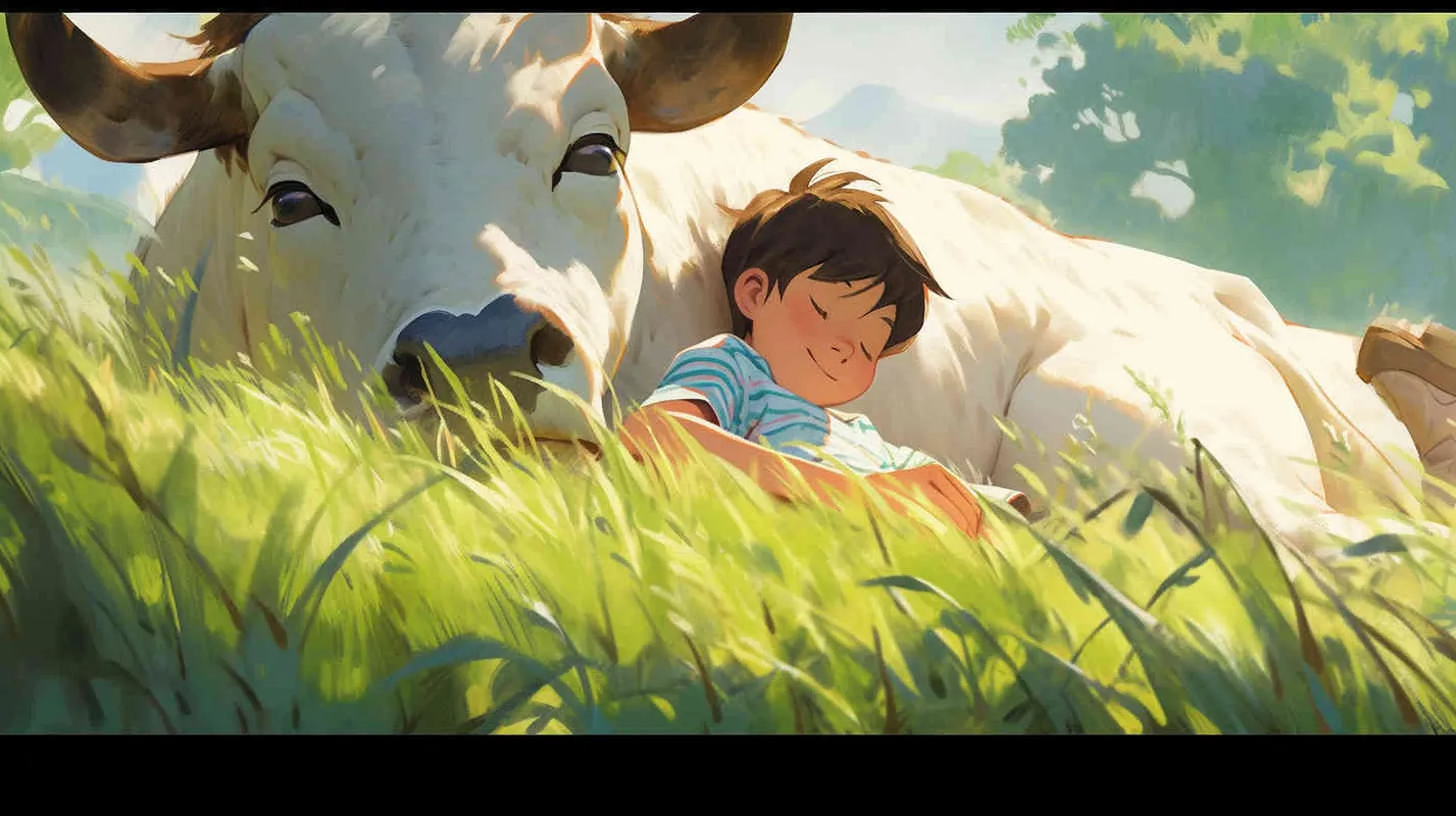 On a fresh green meadow, numerous verdant plants have sprouted nearby. An 8-year-old boy sat on the grass happily reading a book on the grass, engrossed in their reading. The artwork showcases a whimsical illustration style, a wide angle view bathed in natural light, rendered in a 16:9 aspect ratio with a charmingly cute aesthetic. Natural light. - style3部分