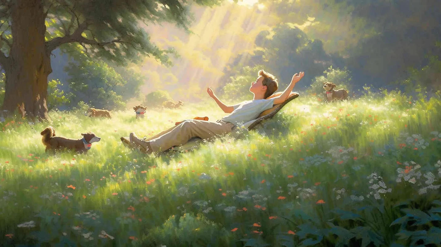 On a fresh green meadow, numerous verdant plants have sprouted nearby. An 8-year-old boy sat on the grass happily reading a book on the grass, engrossed in their reading. The artwork showcases a whimsical illustration style, a wide angle view bathed in natural light, rendered in a 16:9 aspect ratio with a charmingly cute aesthetic. Natural light. - style4部分