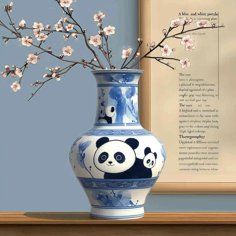 1️⃣ A blue and white porcelain vase with two pandas on it, in the style of cartoon, Chinese painting with plum blossoms in the background, simple gray wall behind the jar, beige background, clean background, high definition photography, cute design in the style of cartoon, super detailed rendering, 3D rendering. - style1部分