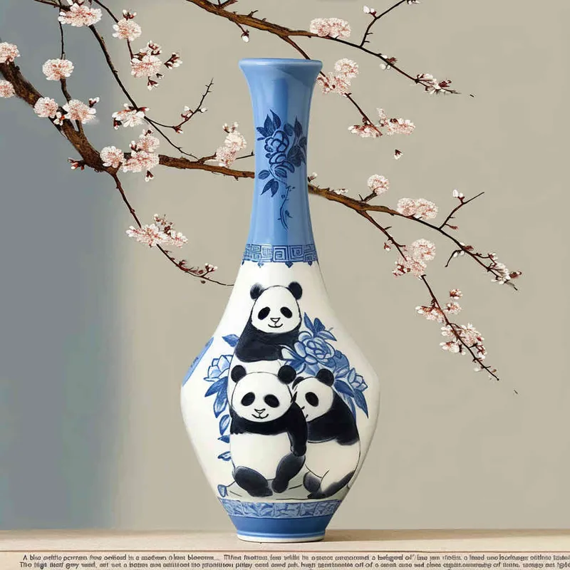 1️⃣ A blue and white porcelain vase with two pandas on it, in the style of cartoon, Chinese painting with plum blossoms in the background, simple gray wall behind the jar, beige background, clean background, high definition photography, cute design in the style of cartoon, super detailed rendering, 3D rendering. - style2部分