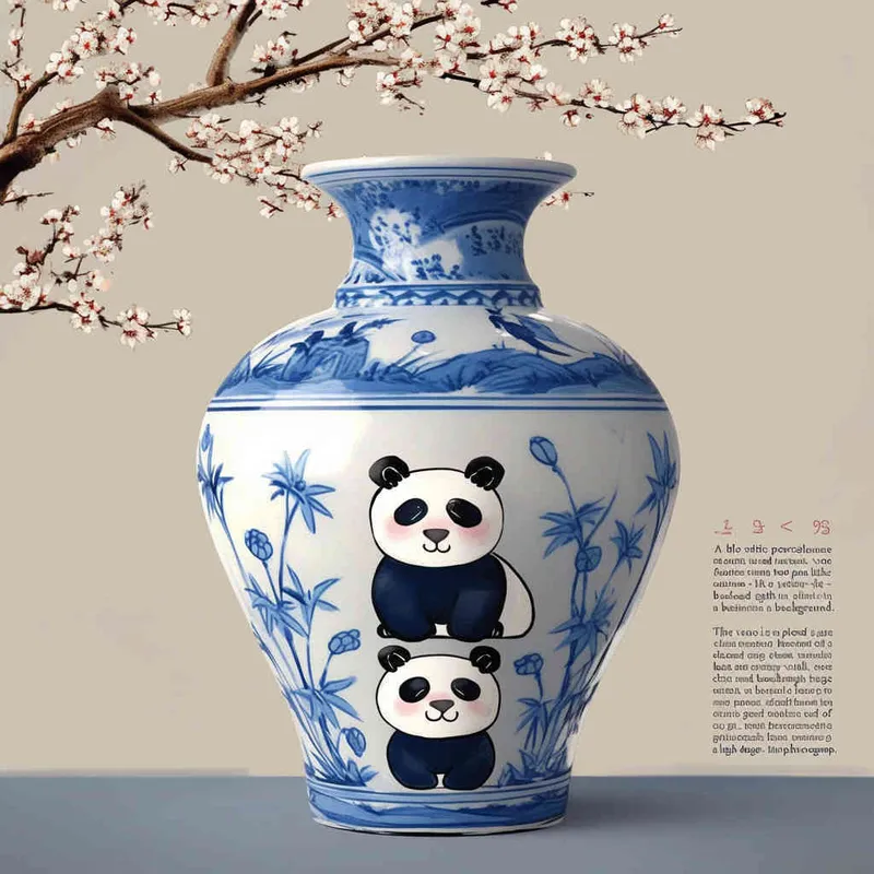 1️⃣ A blue and white porcelain vase with two pandas on it, in the style of cartoon, Chinese painting with plum blossoms in the background, simple gray wall behind the jar, beige background, clean background, high definition photography, cute design in the style of cartoon, super detailed rendering, 3D rendering. - style3部分