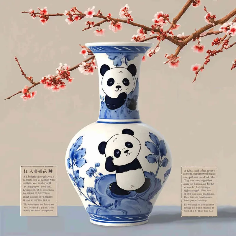 1️⃣ A blue and white porcelain vase with two pandas on it, in the style of cartoon, Chinese painting with plum blossoms in the background, simple gray wall behind the jar, beige background, clean background, high definition photography, cute design in the style of cartoon, super detailed rendering, 3D rendering. - style4部分