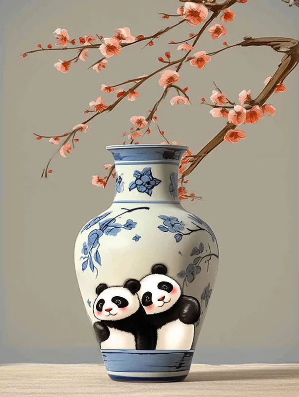 A blue and white porcelain vase with two pandas on it, in the style of cartoon, Chinese painting with plum blossoms in the background, simple gray wall behind the jar, beige background, clean background, high definition photography, cute design in the style of cartoon, super detailed rendering, 3D rendering. - style1部分