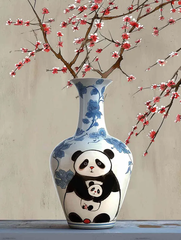A blue and white porcelain vase with two pandas on it, in the style of cartoon, Chinese painting with plum blossoms in the background, simple gray wall behind the jar, beige background, clean background, high definition photography, cute design in the style of cartoon, super detailed rendering, 3D rendering. - style3部分