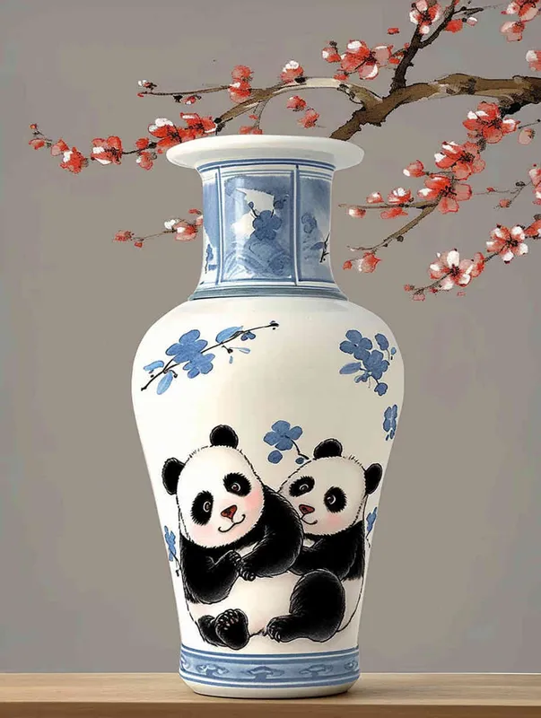 A blue and white porcelain vase with two pandas on it, in the style of cartoon, Chinese painting with plum blossoms in the background, simple gray wall behind the jar, beige background, clean background, high definition photography, cute design in the style of cartoon, super detailed rendering, 3D rendering. - style4部分