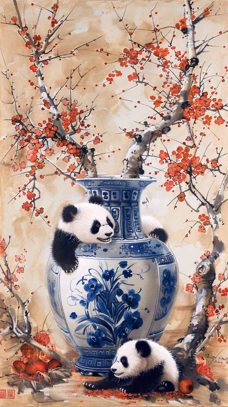 The traditional Chinese meticulous painting style features a blue and white porcelain vase with two cute pandas standing or leaning against it. The blue and white porcelain vase stands upright on the table, with a light brown background adorned with blooming waxberries, creating an atmosphere of harmonious coexistence between nature and culture. Its characteristics are exquisite details, high resolution, and the panda's expression showcases the curiosity of Chinese artistic style. - style1部分