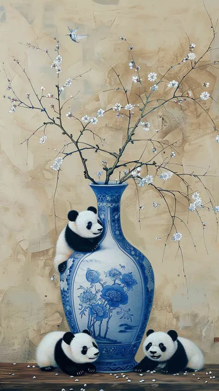 The traditional Chinese meticulous painting style features a blue and white porcelain vase with two cute pandas standing or leaning against it. The blue and white porcelain vase stands upright on the table, with a light brown background adorned with blooming waxberries, creating an atmosphere of harmonious coexistence between nature and culture. Its characteristics are exquisite details, high resolution, and the panda's expression showcases the curiosity of Chinese artistic style. - style2部分