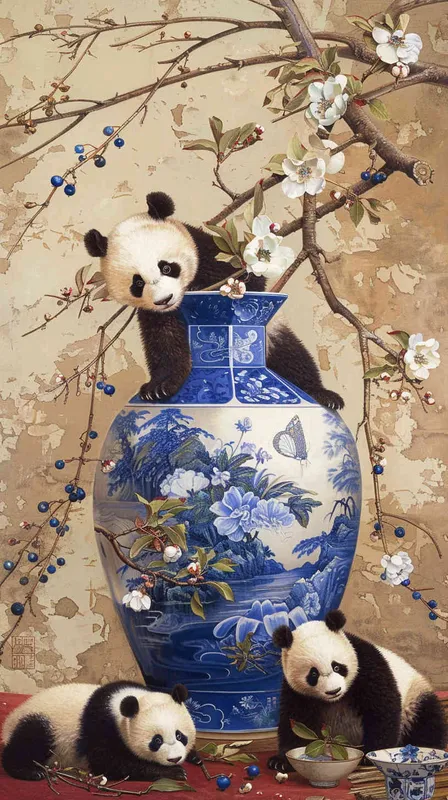 The traditional Chinese meticulous painting style features a blue and white porcelain vase with two cute pandas standing or leaning against it. The blue and white porcelain vase stands upright on the table, with a light brown background adorned with blooming waxberries, creating an atmosphere of harmonious coexistence between nature and culture. Its characteristics are exquisite details, high resolution, and the panda's expression showcases the curiosity of Chinese artistic style. - style3部分