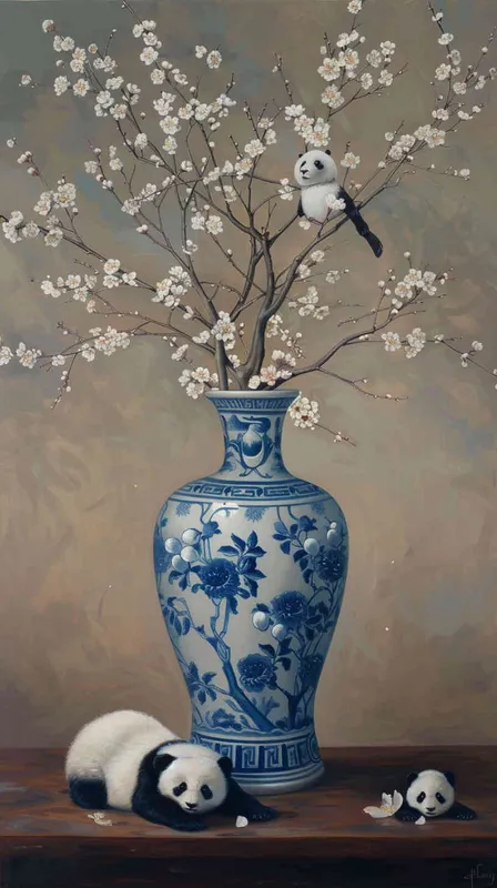 The traditional Chinese meticulous painting style features a blue and white porcelain vase with two cute pandas standing or leaning against it. The blue and white porcelain vase stands upright on the table, with a light brown background adorned with blooming waxberries, creating an atmosphere of harmonious coexistence between nature and culture. Its characteristics are exquisite details, high resolution, and the panda's expression showcases the curiosity of Chinese artistic style. - style4部分