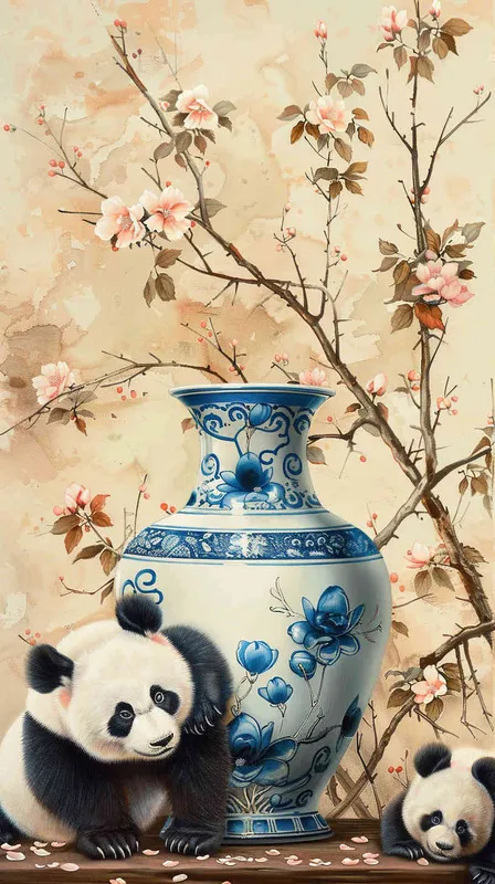 The traditional Chinese style of blue-green landscape painting features a blue and white porcelain vase with two cute pandas standing or leaning against it. The blue and white porcelain vase stands upright on the table, with a light brown background adorned with blooming waxberries, creating an atmosphere of harmonious coexistence between nature and culture. Its characteristics are exquisite details, high resolution, and the panda's expression showcases the curiosity of Chinese artistic style. - AI绘画作品展示 | Midjourney中文版生成