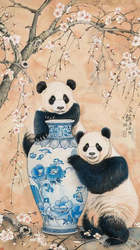 The traditional Chinese style of blue-green landscape painting features a blue and white porcelain vase with two cute pandas standing or leaning against it. The blue and white porcelain vase stands upright on the table, with a light brown background adorned with blooming waxberries, creating an atmosphere of harmonious coexistence between nature and culture. Its characteristics are exquisite details, high resolution, and the panda's expression showcases the curiosity of Chinese artistic style. - AI绘画作品展示 | Midjourney中文版生成