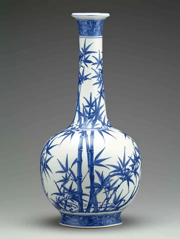 Irregular blue and white porcelain vase, in the shape of bamboo joints, with a pattern of bamboo patterns – AI绘画作品展示 | Midjourney中文版生成