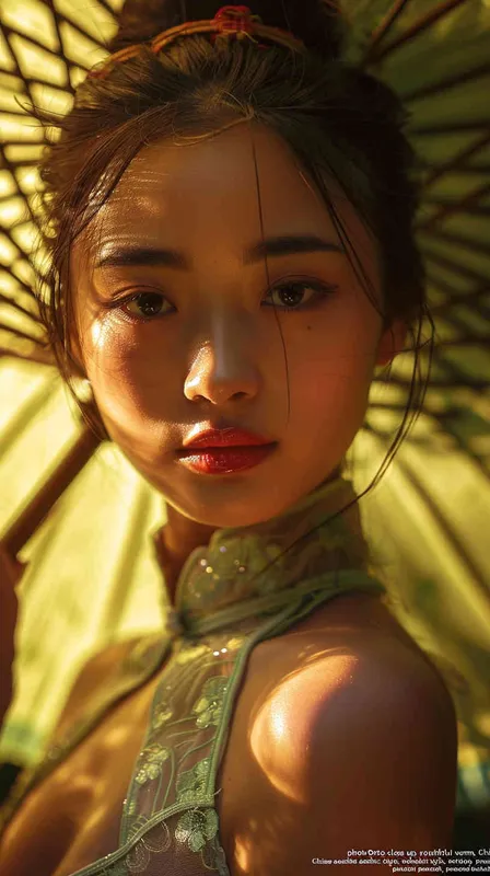 photo，close-up, young lady, Chinese aesthetics style，green background，umbrella - style2部分