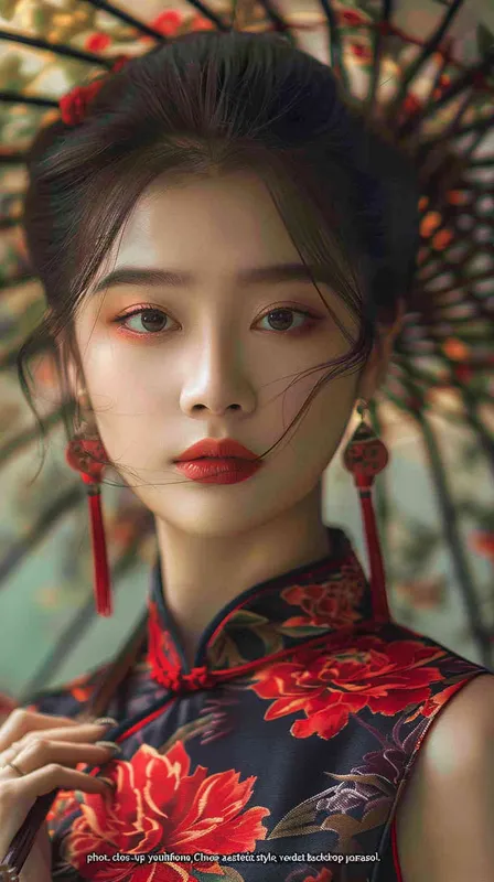 photo，close-up, young lady, Chinese aesthetics style，green background，umbrella - style4部分