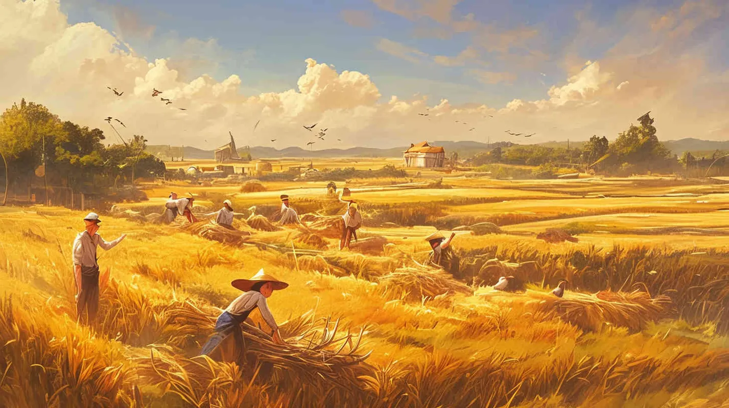 他深知只有挖掘土地的潜力，广耕耘，勤播种，才能使人民丰衣足食，安居乐业。远古时代一群人，在生产，大力发展农业。 - style2部分