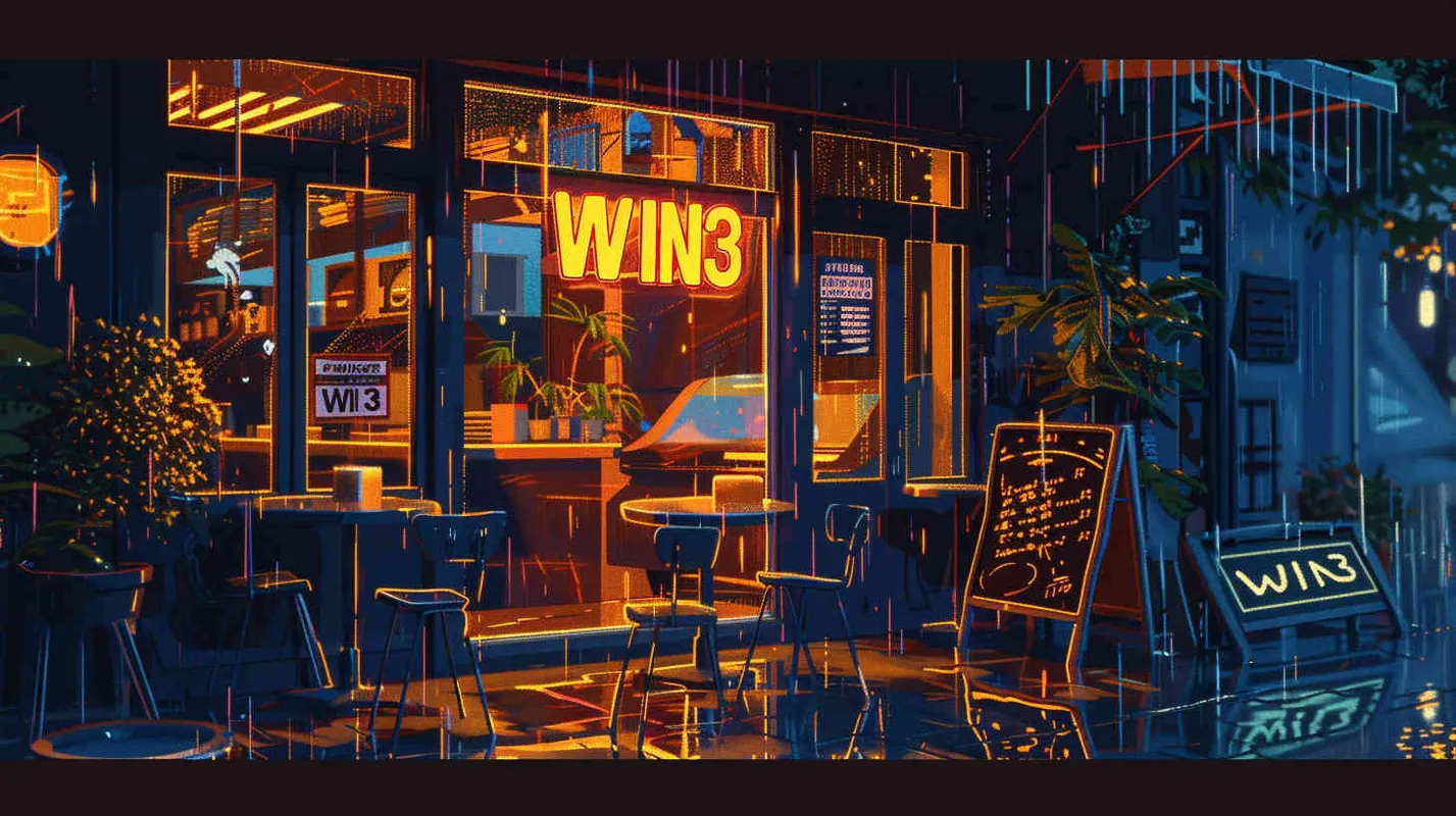 16-bit pixel art, outside of café on rainy day,The coffee shop's eye-catching sign reads 