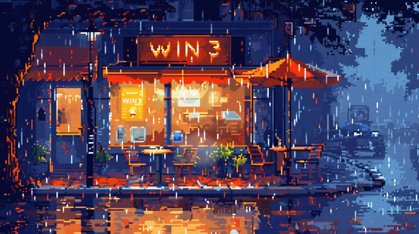 16-bit pixel art, outside of café on rainy day,The coffee shop's eye-catching sign reads 