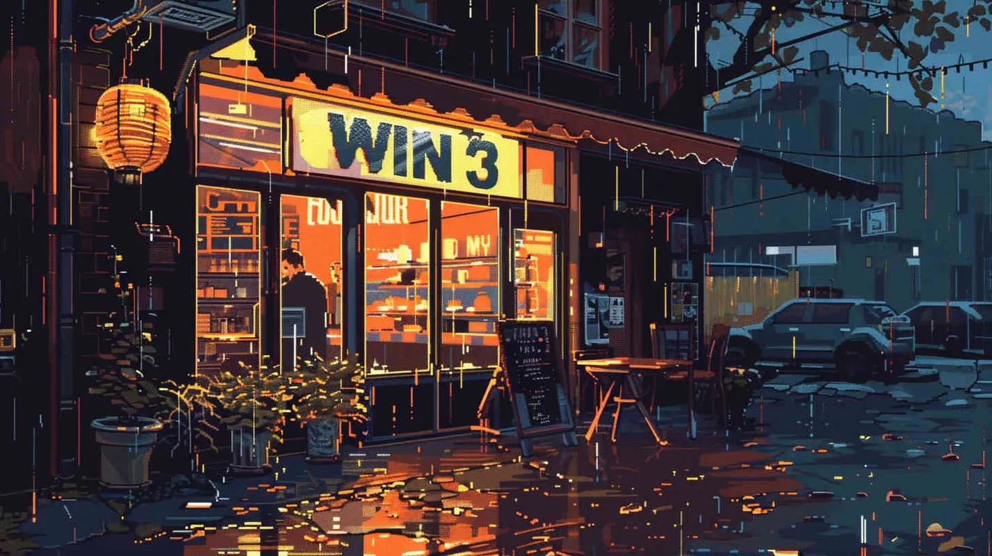 16-bit pixel art, outside of café on rainy day,The coffee shop's eye-catching sign reads 