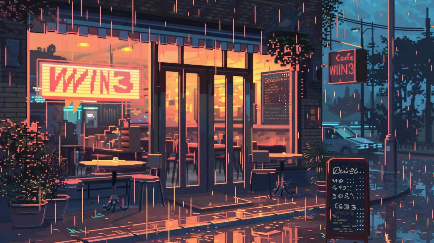 16-bit pixel art, outside of café on rainy day,The coffee shop's eye-catching sign reads 