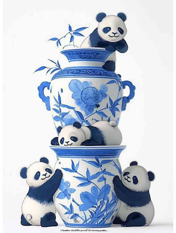 Bamboo shaped blue and white porcelain vase with some pandas on it - style1部分