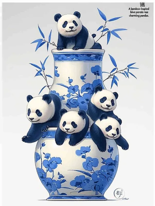 Bamboo shaped blue and white porcelain vase with some pandas on it - style2部分