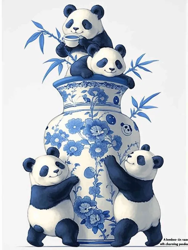 Bamboo shaped blue and white porcelain vase with some pandas on it - style3部分