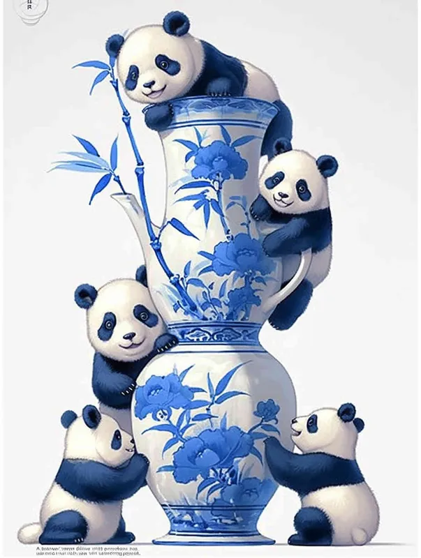 Bamboo shaped blue and white porcelain vase with some pandas on it - style4部分